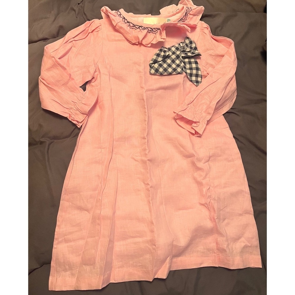 The Oaks Apparel Pink Linen Blend Dress Girls Size 7 Ruffle Collar Bow‎ Detail